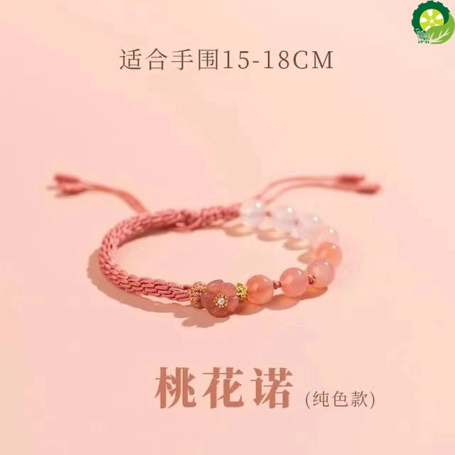 桃花诺Agate Peach Blossom Hand Rope Pink Cute Bracelet Girl's Peace HandString Light Luxury Exquisite Women's Woven Gift