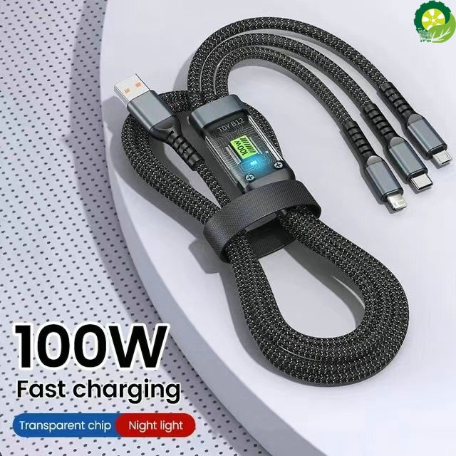 3-in-1 100W 5A Fast Charging USB To Type-C Micro Fast Charger Cable For iPhone Samsung Xiaomi Huawei