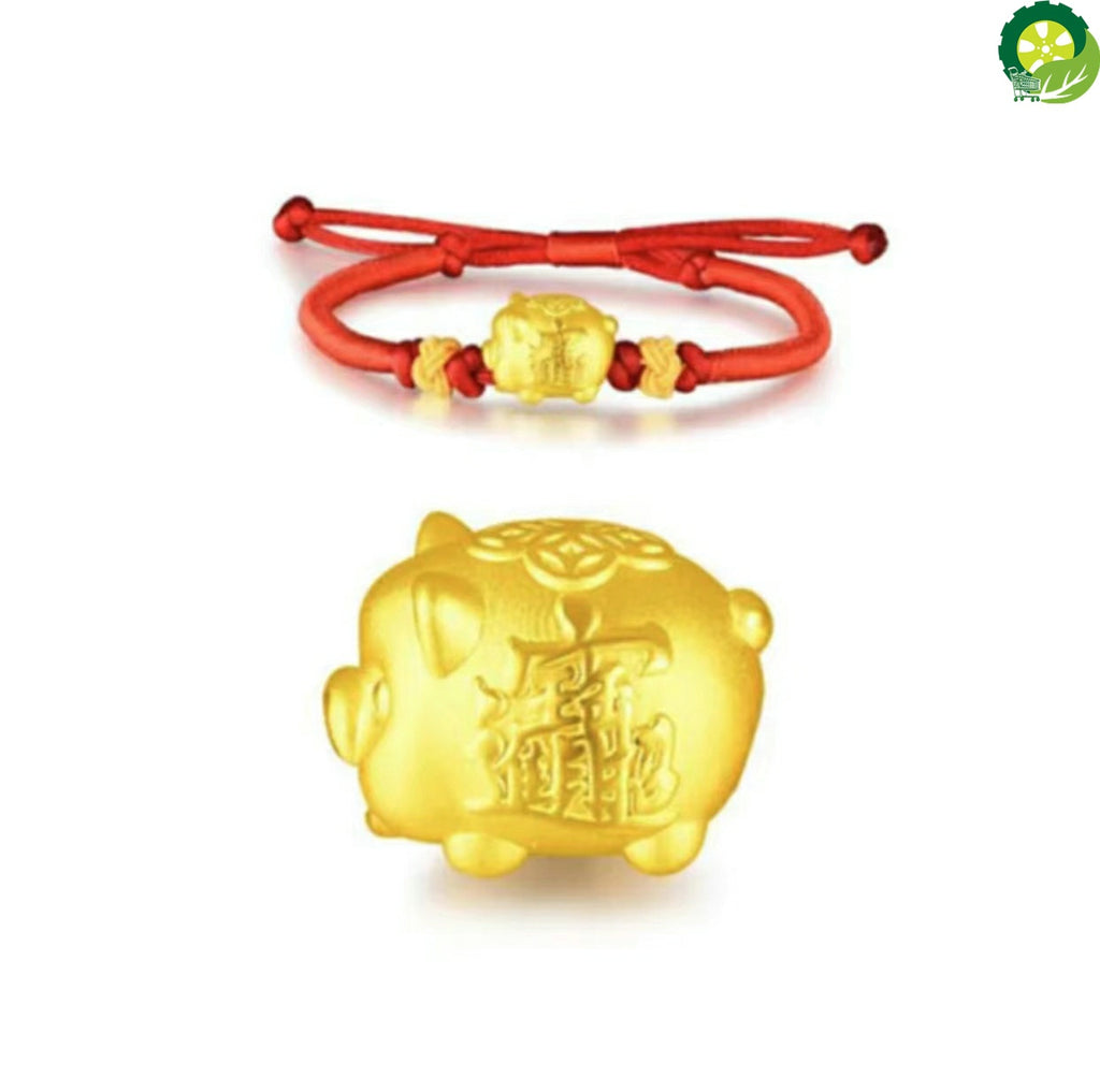 Real Pure 999 24k Yellow Gold 3D Lucky Pig Bead With Red Cord Weave Bracelet