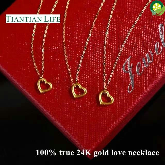 24K Gold Pure Gold Love Heart Chain Pendant Women's Fine Jewelry And With 18K Gold Necklace
