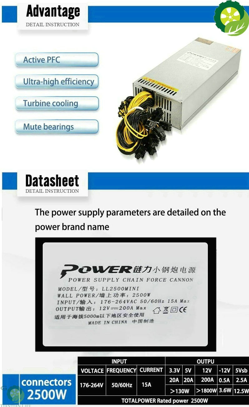 high efficiency Block Chain 2500W 2400W high-power supply gpu server psu 10x6pin cable TIANTIAN LIFE Market Place