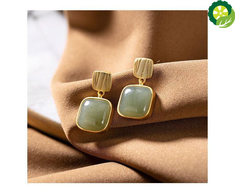 Natural Hetian jade geometric square earring pendant light luxury temperament brand jewelry TIANTIAN LIFE Market Place