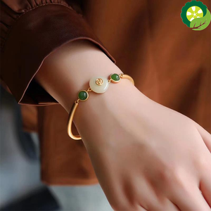 Natural Hetian Chalcedony safety clasp Bracelet retro Chinese style palace adjustable brand jewelry TIANTIAN LIFE Market Place