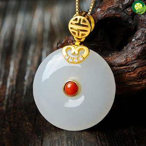 Natural Hetian jade Round Pendant Necklace Chinese Retro palace style ancient gold craft charm silver jewelry TIANTIAN LIFE Market Place
