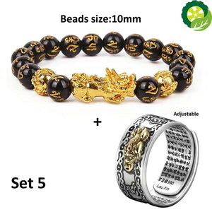 Pixiu Charm Ring Bracelet Set Chinese Feng Shui Amulet Bring Wealth and Lucky Adjustable Ring and Bead Bracelets TIANTIAN LIFE Market Place