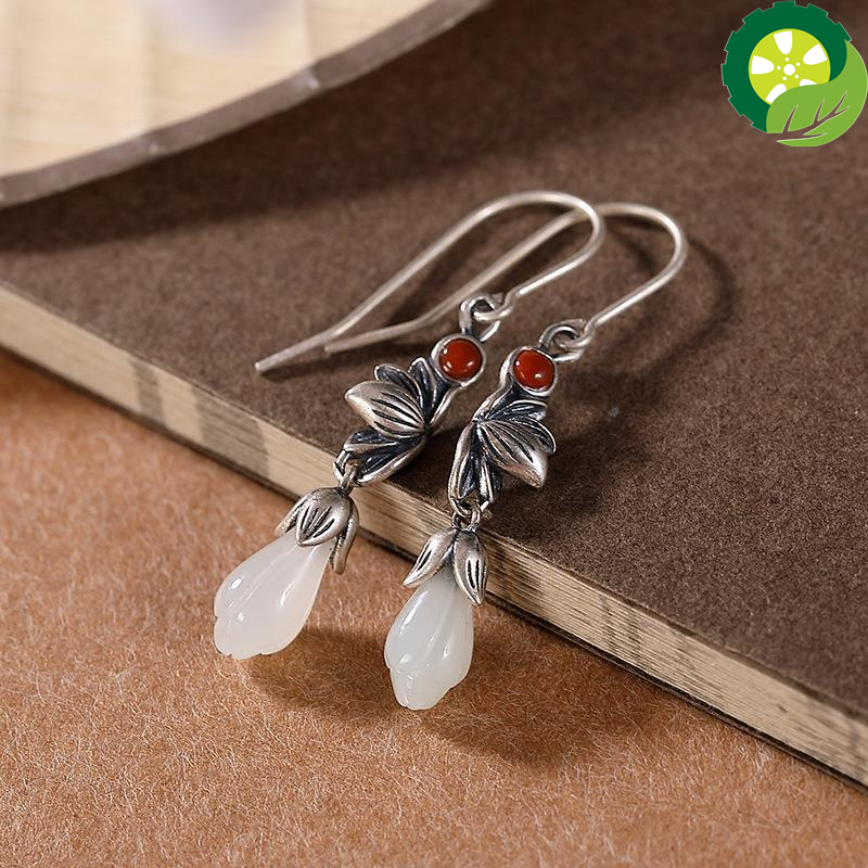 Natural Hetian White Magnolia Earrings Chinese retro court style original design elegant charm women's silver jewelry TIANTIAN LIFE Market Place