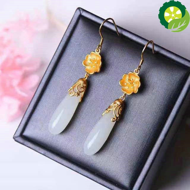 Natural Hetian jade drop shaped earrings retro magnolia flower Chinese style classic charm women's jewelry TIANTIAN LIFE Market Place