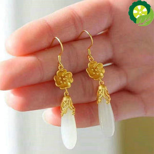 Natural Hetian jade drop shaped earrings retro magnolia flower Chinese style classic charm women's jewelry TIANTIAN LIFE Market Place