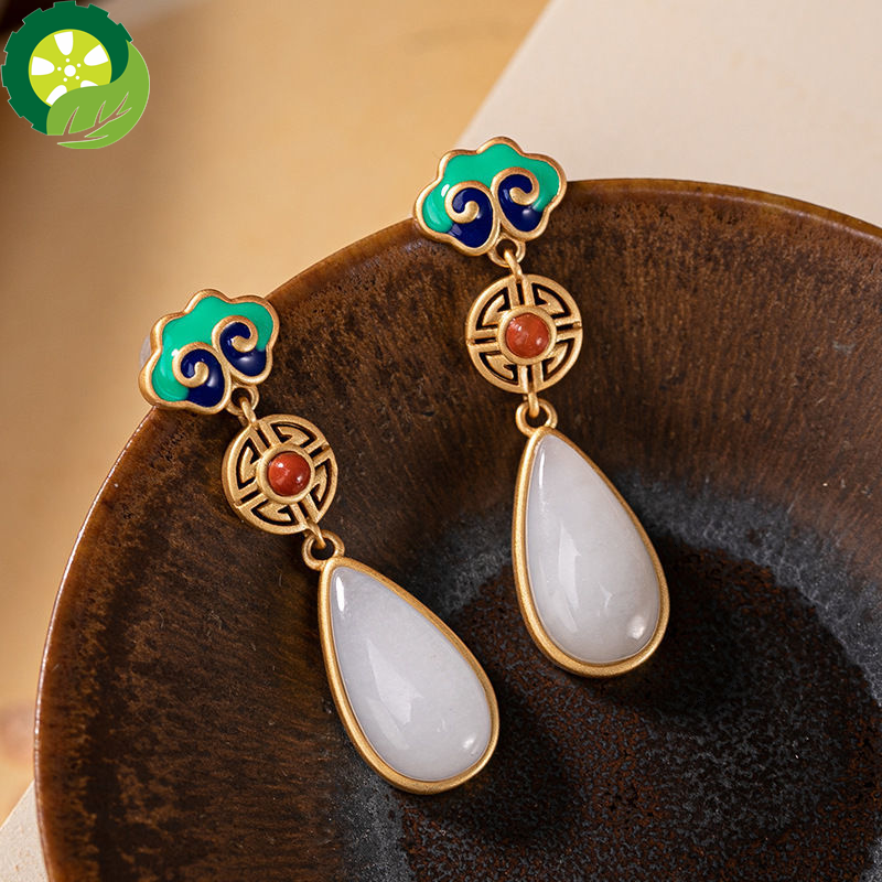 Natural hetian white jade Chinese style retro Enamel Cloisonne earring TIANTIAN LIFE Market Place