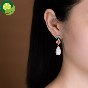 Natural hetian white jade Chinese style retro Enamel Cloisonne earring TIANTIAN LIFE Market Place