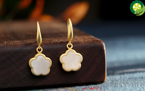 Natural Hetian white jade plum blossom Earrings Chinese retro court style elegant unique charm women's silver jewelry TIANTIAN LIFE Market Place