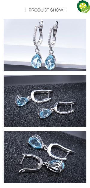 Natural Sky Blue Topaz Earrings Genuine 925 Sterling Silver Fine Jewelry 7x10mm Drop Earring For Women TIANTIAN LIFE Market Place