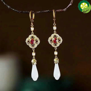 Natural Hetian White jade Magnolia Flower Hollow Chinese Retro Aristocratic Charm  Earrings TIANTIAN LIFE Market Place