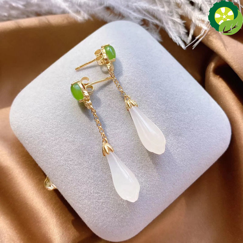 Silver inlaid natural Hetian White Magnolia long earrings Chinese style retro elegant charm light luxury jewelry TIANTIAN LIFE Market Place