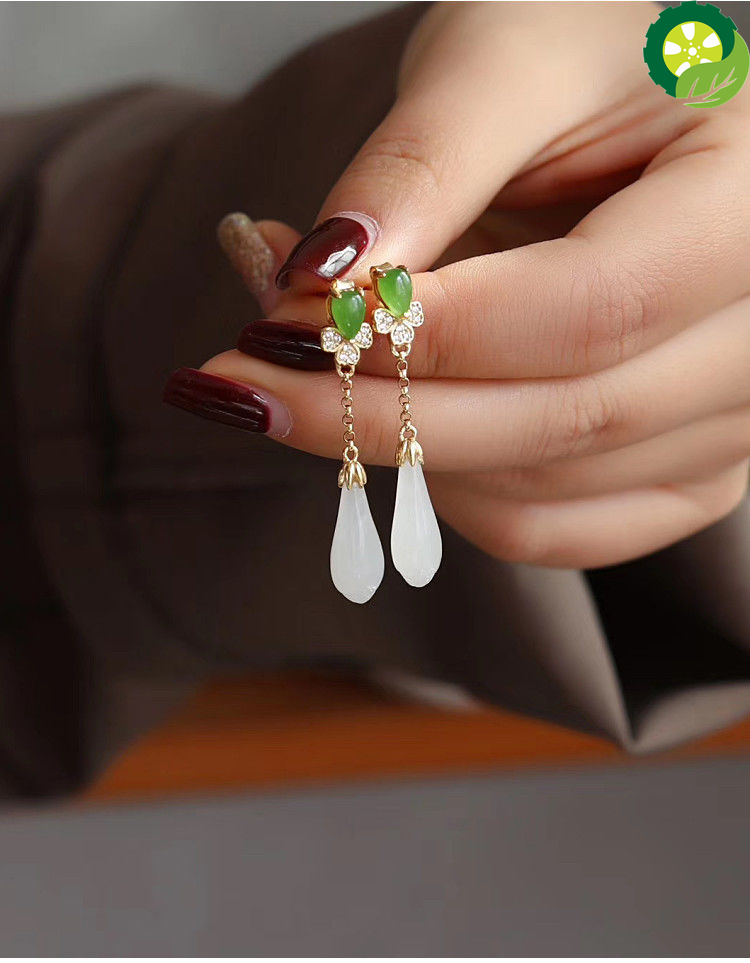 Silver inlaid natural Hetian White Magnolia long earrings Chinese style retro elegant charm light luxury jewelry TIANTIAN LIFE Market Place