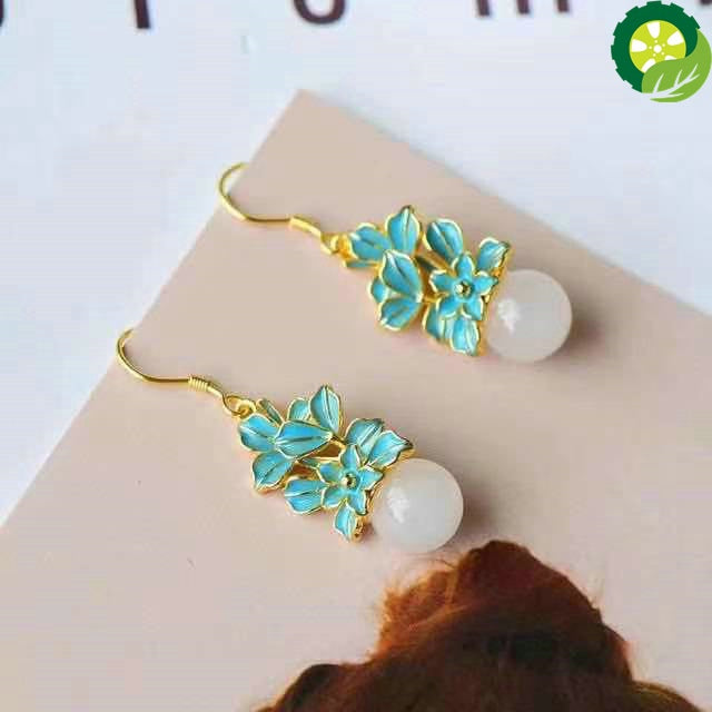 natural Hetian white Chalcedony plant flower earrings Chinese style retro enamel porcelain drop glue craft TIANTIAN LIFE Market Place