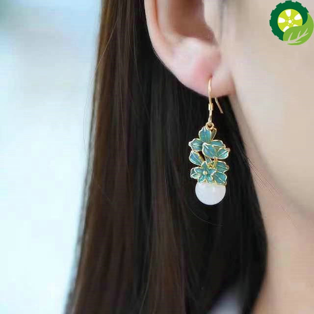 natural Hetian white Chalcedony plant flower earrings Chinese style retro enamel porcelain drop glue craft TIANTIAN LIFE Market Place
