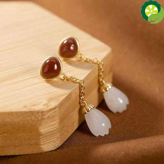 natural white Chalcedony earrings Chinese retro palace style high-grade women's jewelry TIANTIAN LIFE Market Place
