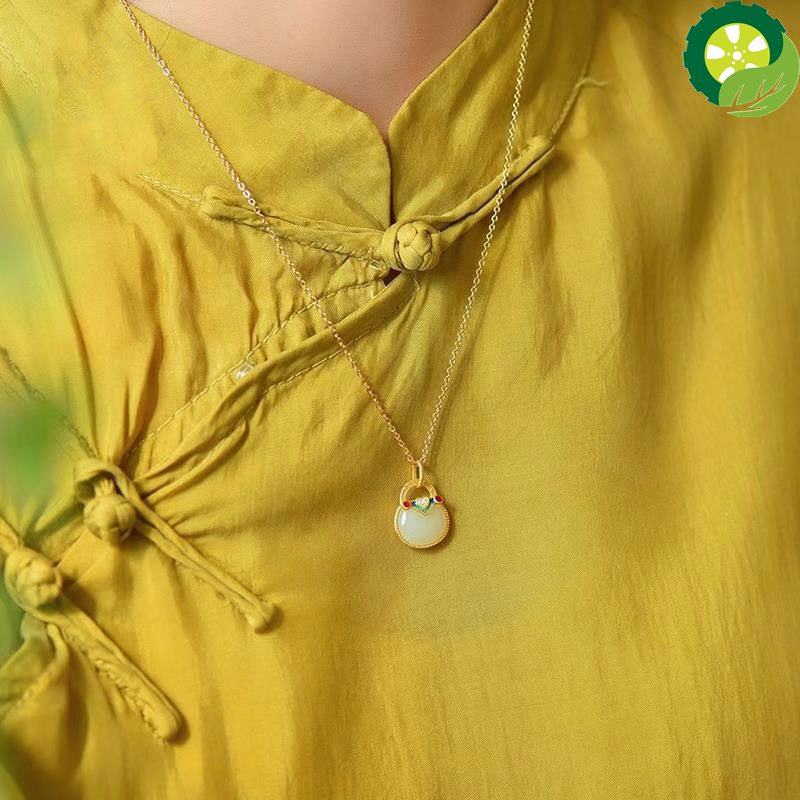 Natural Hetian White jade Enamel Chinese Retro Palace Style Ancient Gold Craft Pendant Necklace TIANTIAN LIFE Market Place