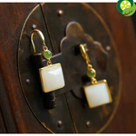 Natural Hetian white Chalcedony geometric earrings with Chinese classical style, unique ancient gold craft and elegant women's jewelry TIANTIAN LIFE Market Place