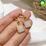 Natural Hetian white Chalcedony geometric earrings with Chinese classical style, unique ancient gold craft and elegant women's jewelry TIANTIAN LIFE Market Place