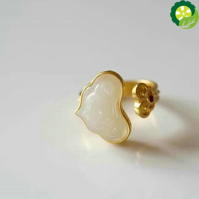 Natural Hetian white jade opening adjustable ring Chinese style retro unique ancient gold craft charm jewelry TIANTIAN LIFE Market Place