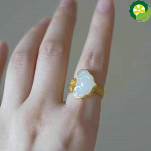 Natural Hetian white jade opening adjustable ring Chinese style retro unique ancient gold craft charm jewelry TIANTIAN LIFE Market Place