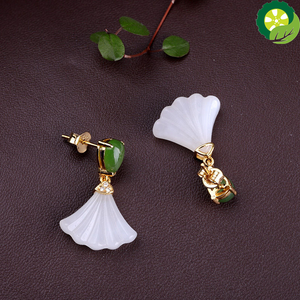 Natural Hetian white jade fan Earrings Chinese style retro fresh Fairy charm Earring TIANTIAN LIFE Market Place