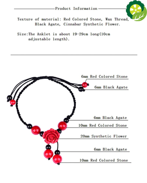 Ethnic Style Hand Knitted Adjustable Wax Thread Delicate Red Colored Stone Classical Cinnabar Flower Retro Anklet TIANTIAN LIFE Market Place