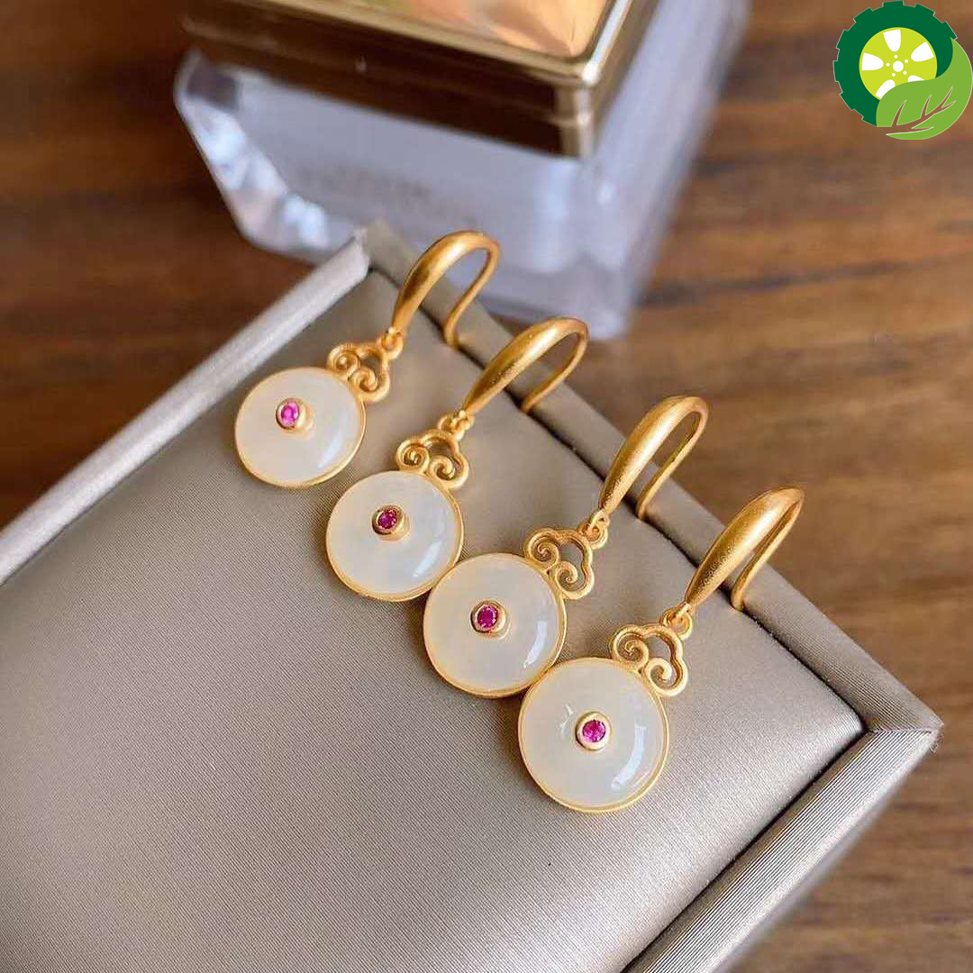 Natural Hetian white jade earrings Chinese style retro unique sand gold craft elegant earrings TIANTIAN LIFE Market Place