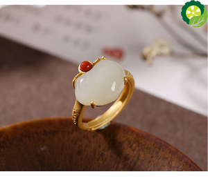 Natural Hetian Chalcedony ring Chinese style retro unique sand gold craft opening adjustable women's jewelry TIANTIAN LIFE Market Place