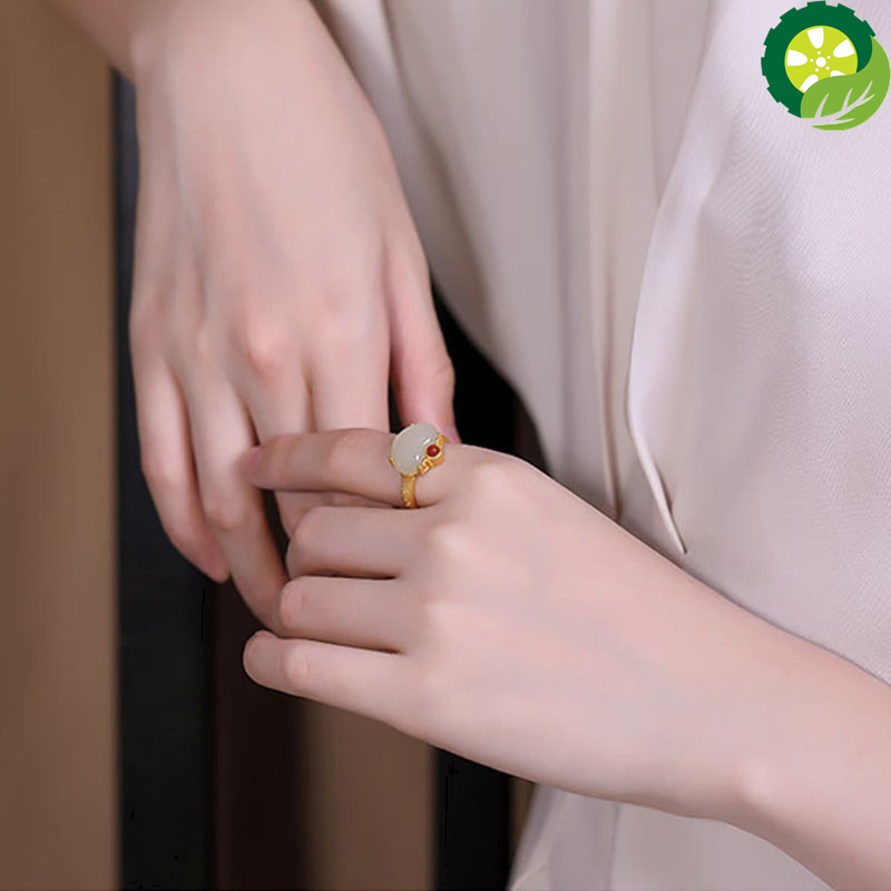 Natural Hetian Chalcedony ring Chinese style retro unique sand gold craft opening adjustable women's jewelry TIANTIAN LIFE Market Place