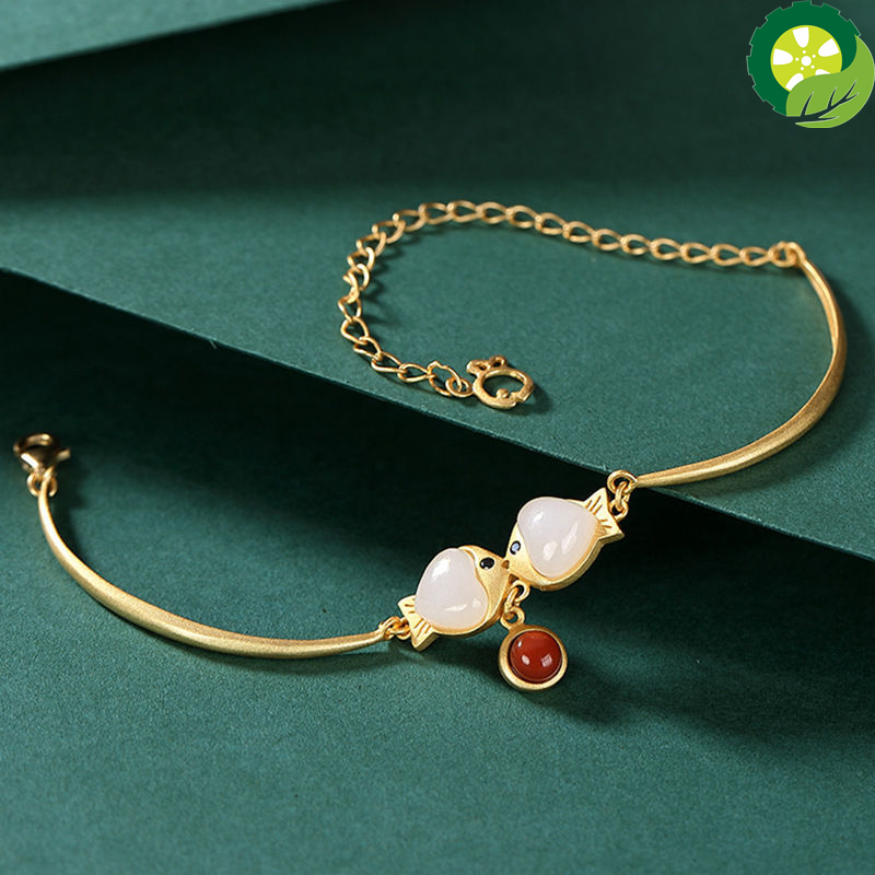 New inlaid natural Hetian white Chalcedony Pisces Bracelet Chinese style retro unique ancient gold craft women's brand jewelry TIANTIAN LIFE Market Place