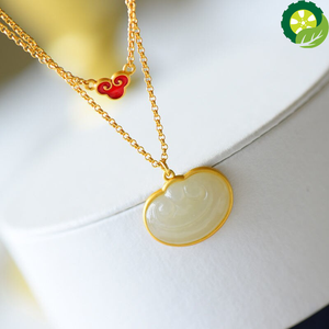 Natural HeTian white jade Xiangyun clavicle chain Chinese style antique Enamel Charm pendant necklace TIANTIAN LIFE Market Place