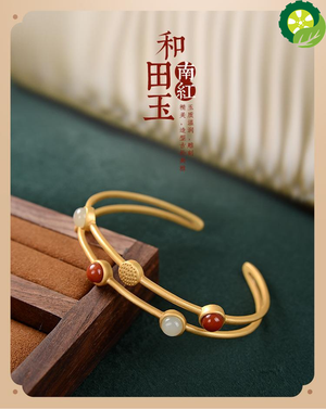 Silver inlaid enamel agate natural Hetian chalcedony double-layer bangle Chinese style retro palace style charm female jewelry TIANTIAN LIFE Market Place