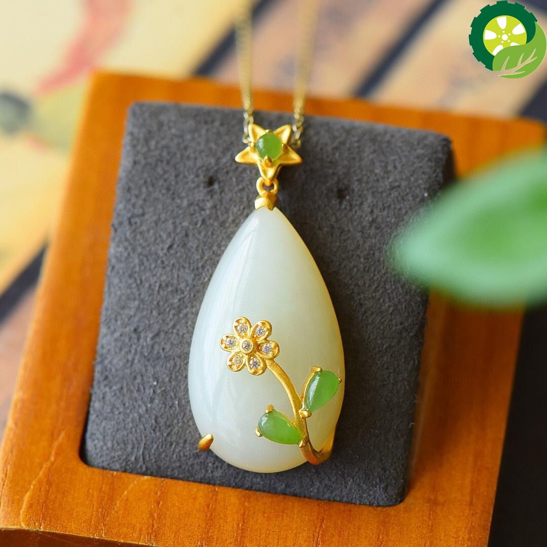 Natural Hetian white jade Drop Shaped Chinese style retro romantic florets sweet cute fairy silver Pendant Necklace TIANTIAN LIFE Market Place