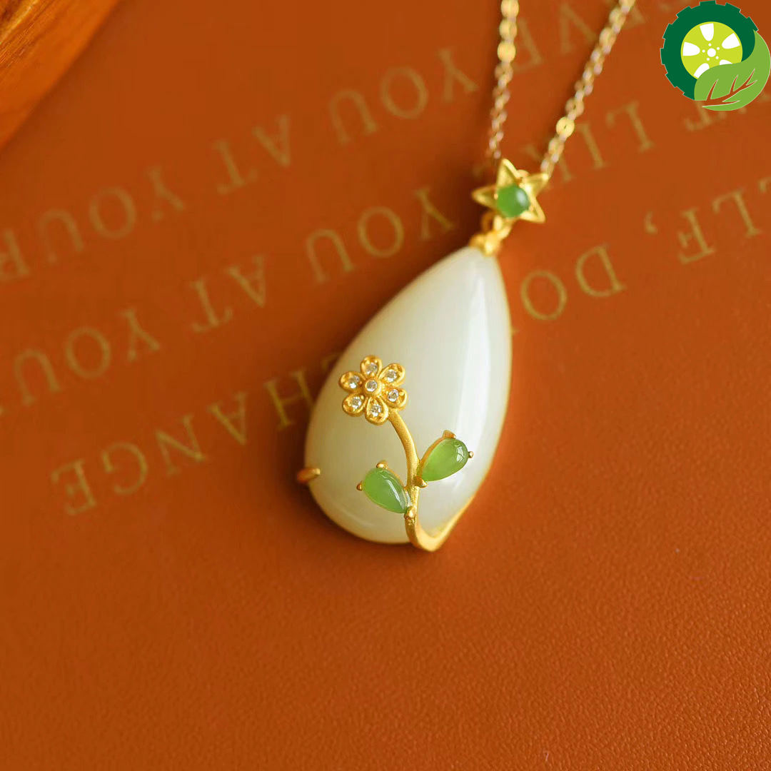 Natural Hetian white jade Drop Shaped Chinese style retro romantic florets sweet cute fairy silver Pendant Necklace TIANTIAN LIFE Market Place