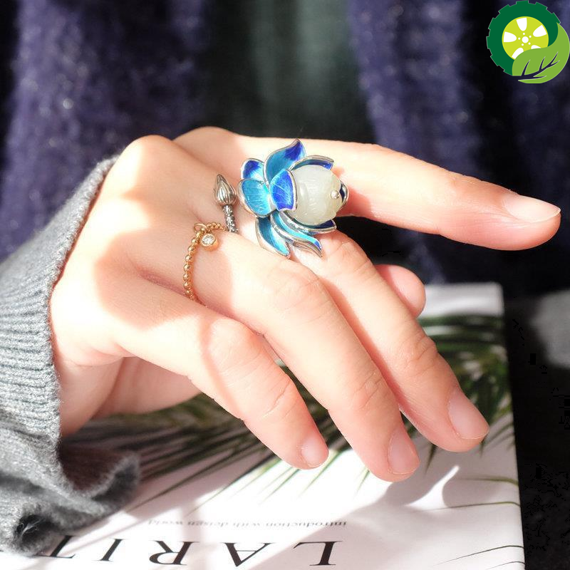 Natural Hetian jade enamel porcelain lotus canopy Chinese retro style open ring TIANTIAN LIFE Market Place