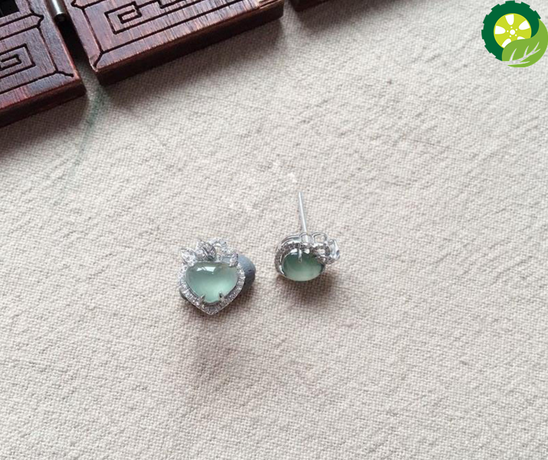 Silver inlaid natural high ice chalcedony heart-shaped earrings elegant charm creative retro female silver design TIANTIAN LIFE Market Place