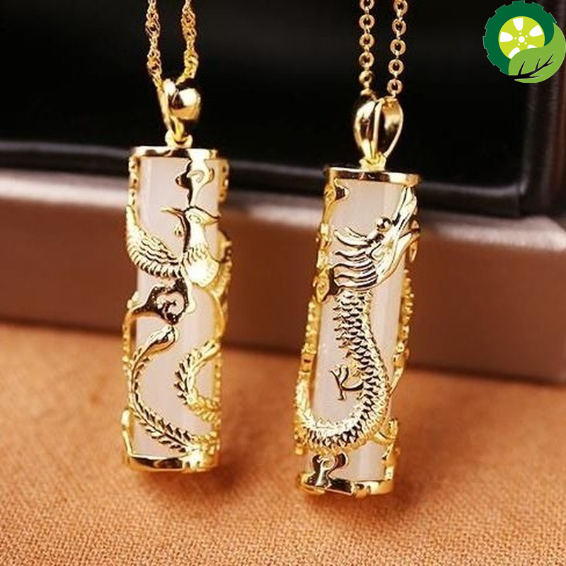 Natural heTian jade dragon and Phoenix Chinese style retro couple Pendant Necklace TIANTIAN LIFE Market Place