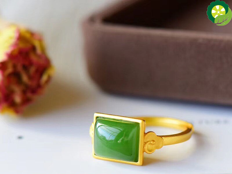 Sterling Silver Inlaid Natural Hetian Jade Square Chinese Style Retro Xiangyun Open Adjustable Ring TIANTIAN LIFE Market Place