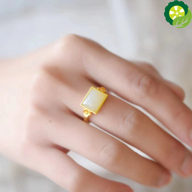 Sterling Silver Inlaid Natural Hetian Jade Square Chinese Style Retro Xiangyun Open Adjustable Ring TIANTIAN LIFE Market Place