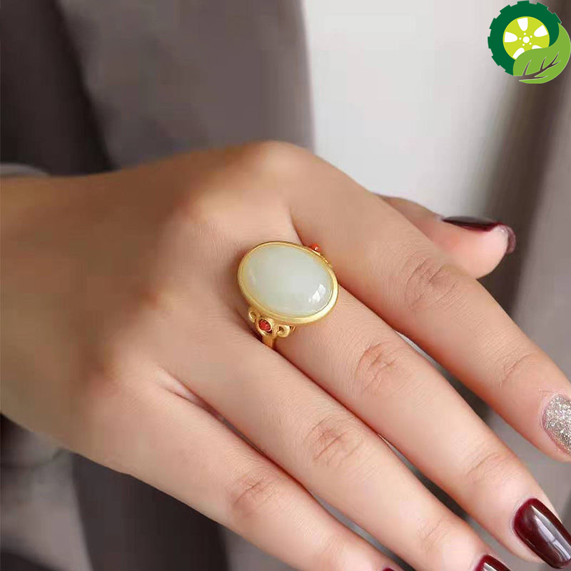 Natural hetian jade oval ring craftsmanship Chinese retro palace opening adjustable brand jewelry TIANTIAN LIFE Market Place