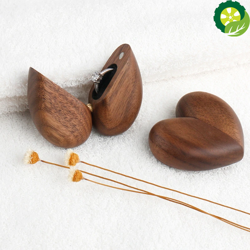 Handmade Heart Shaped Walnut Wood Ring Box Case for Proposal Engagement TIANTIAN LIFE Market Place