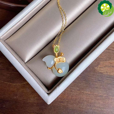 Natural Hetian jade necklace Chinese style retro lotus leaf gourd Pendant TIANTIAN LIFE Market Place