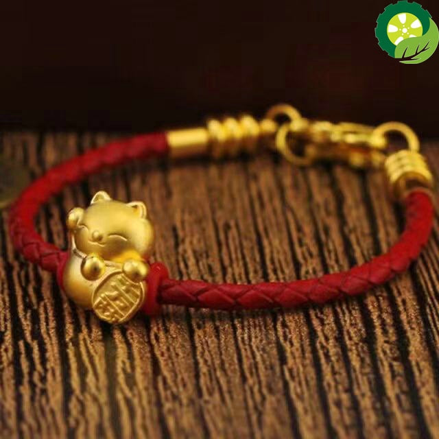 Real 24K Yellow Gold 3D Craft Cat Bead with Red Leather Bracelet TIANTIAN LIFE Market Place