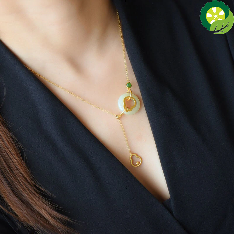 Natural Hetian jade gourd Chinese style retro unique ancient gold craft Pendant Necklace TIANTIAN LIFE Market Place