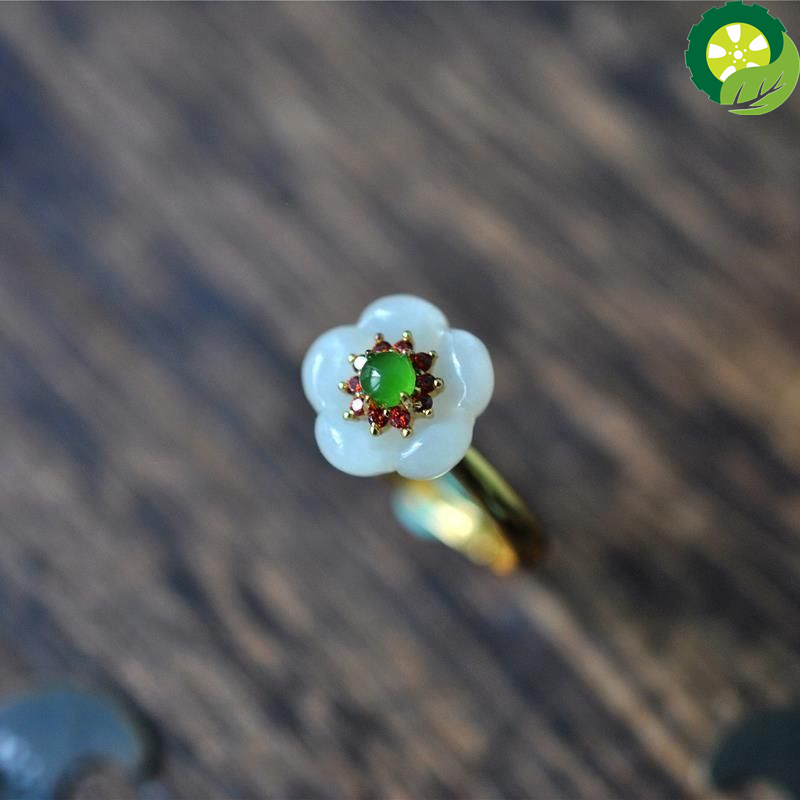 Natural HeTian White Jade Flower Chinese style court design Ring TIANTIAN LIFE Market Place