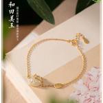 Lucky cat natural Hetian jade bracelet Chinese style retro unique ancient gold craft charm silver jewelry TIANTIAN LIFE Market Place
