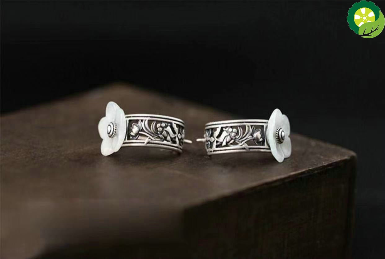 Natural jade plum blossom shape earrings Chinese retro elegant light luxury charm silver jewelry TIANTIAN LIFE Market Place